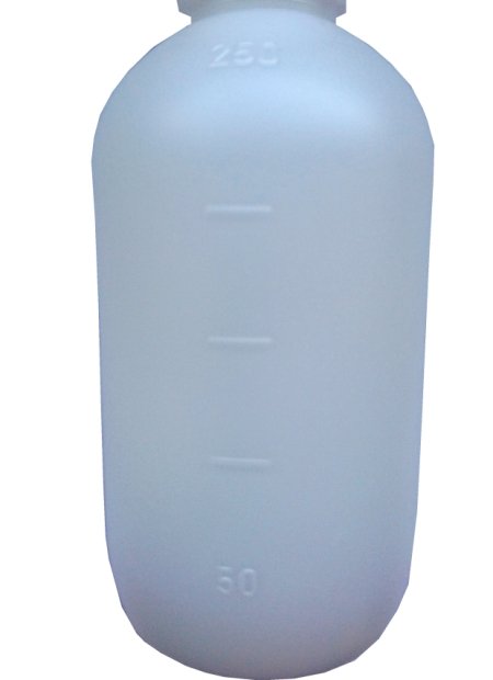 303-770067 HDPE FĽAŠA 250 ML NATUR so stupnicou NEKALIBROVNÁ OKRÚHLA, BEZ UZÁVĚRU(2)